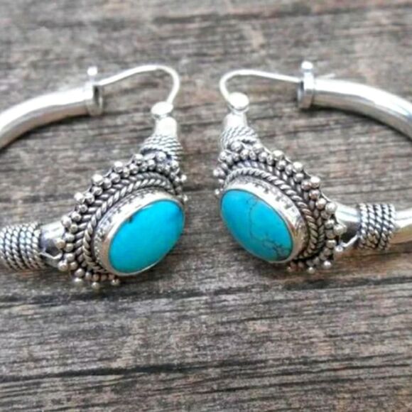 Turquoise and Silver Hoop Earring - Picture 1 of 2